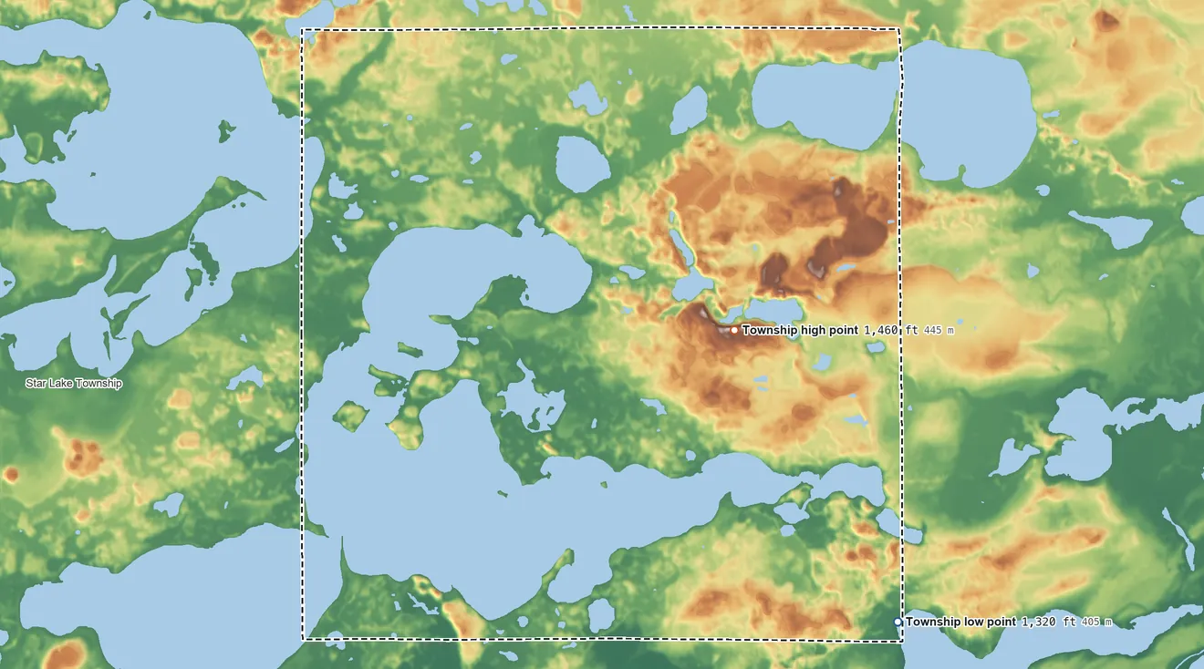 Topographic elevation map of Dead Lake Township, Minnesota, shaded from 1,320 ft on the southeast side to 1,460 ft near the middle