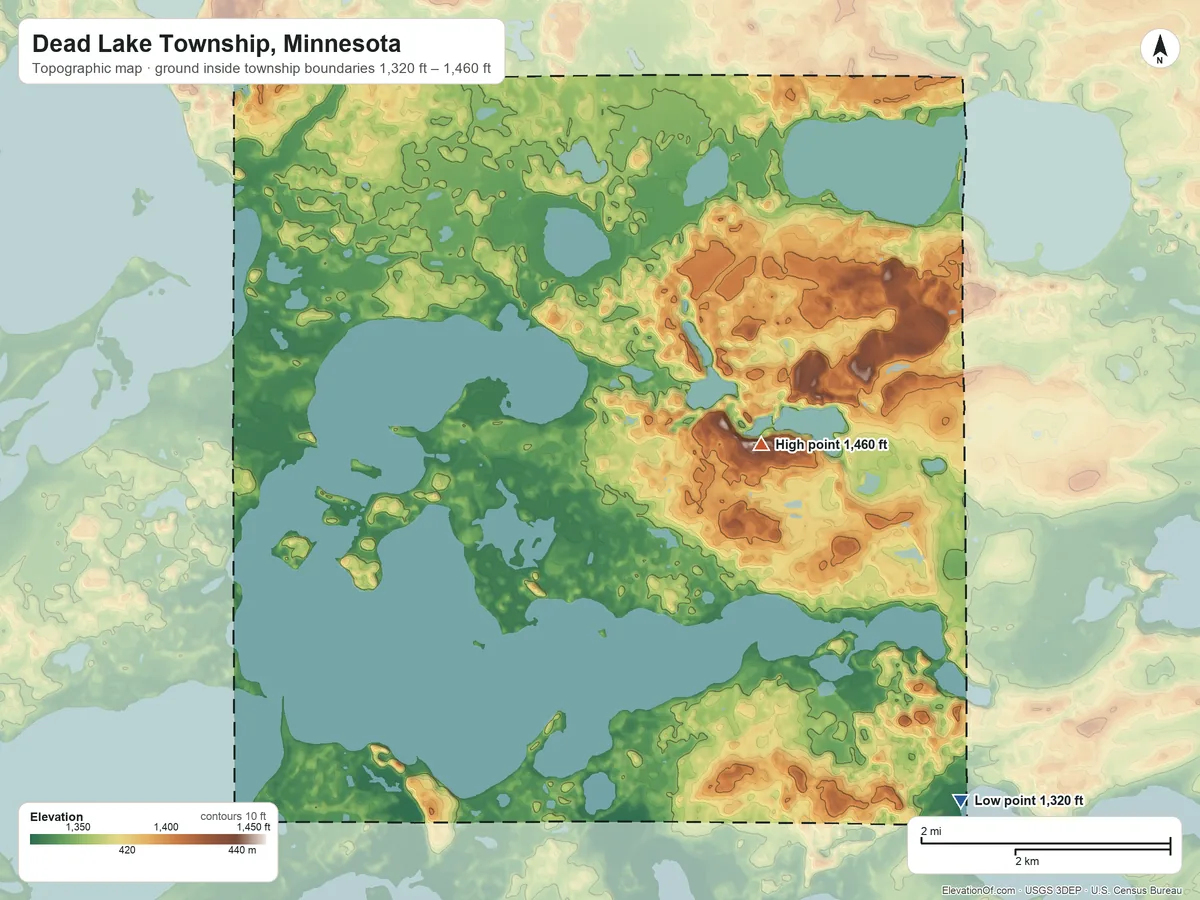 Topographic elevation map of Dead Lake Township, Minnesota, shaded from 1,320 ft on the southeast side to 1,460 ft near the middle