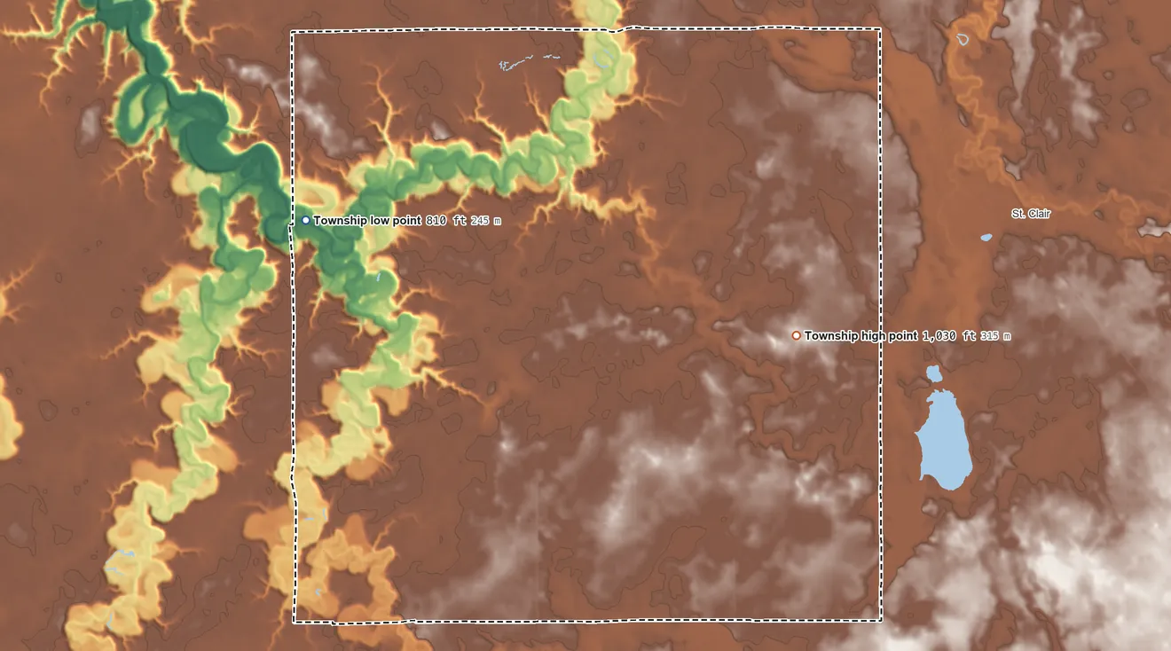 Topographic elevation map of Decoria Township, Minnesota, shaded from 810 ft on the west side to 1,030 ft on the east side