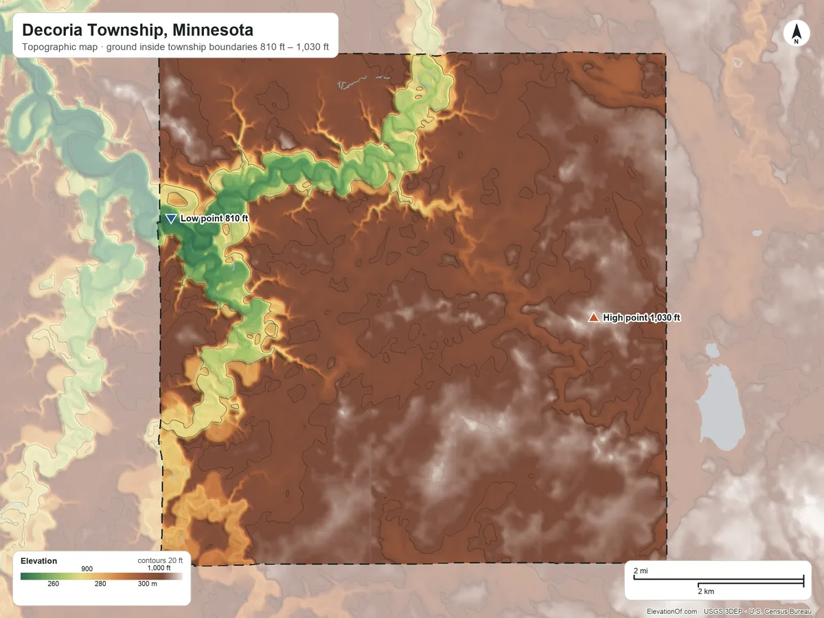 Topographic elevation map of Decoria Township, Minnesota, shaded from 810 ft on the west side to 1,030 ft on the east side