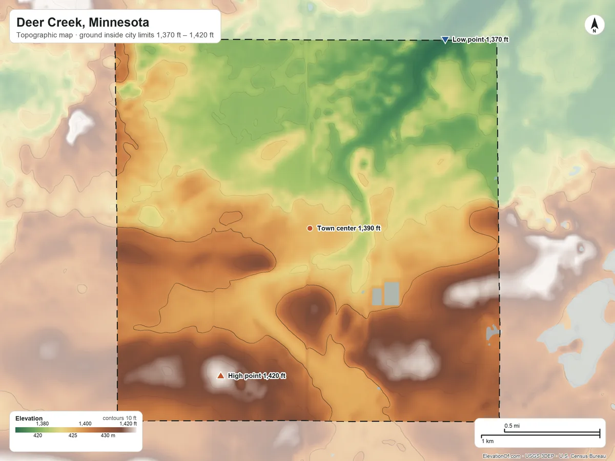 Topographic elevation map of Deer Creek, Minnesota, shaded from 1,370 ft on the northeast side to 1,420 ft on the southwest side