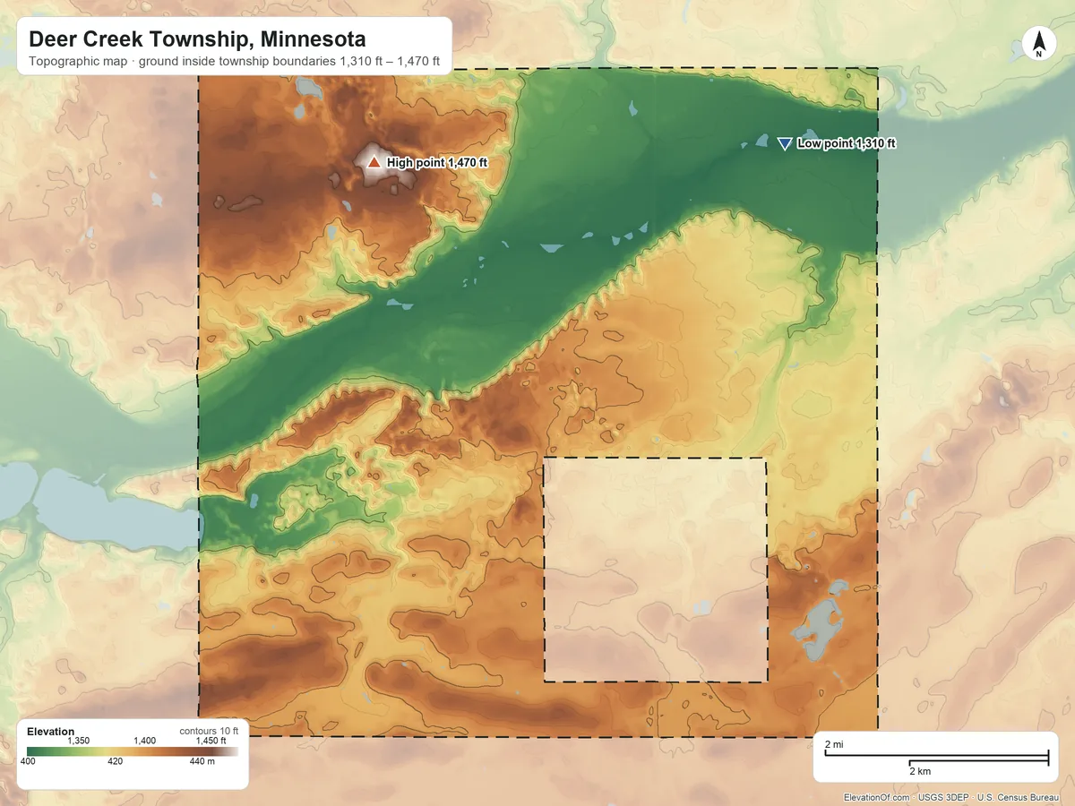 Topographic elevation map of Deer Creek Township, Minnesota, shaded from 1,310 ft on the northeast side to 1,470 ft on the northwest side