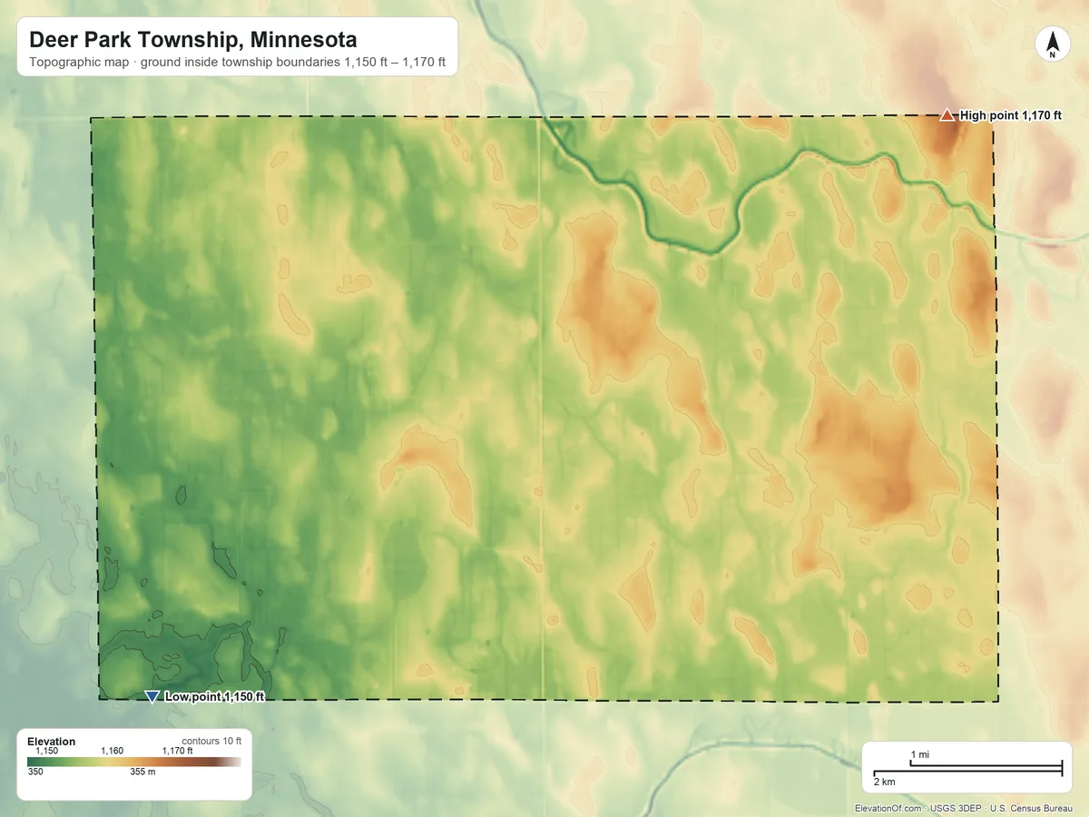 Topographic elevation map of Deer Park Township, Minnesota, shaded from 1,150 ft on the southwest side to 1,170 ft on the northeast side