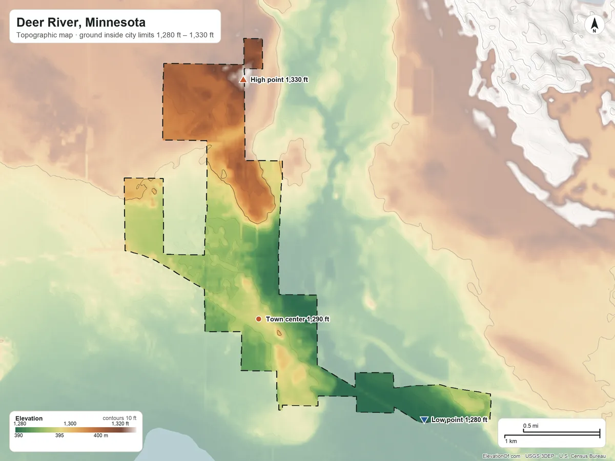 Topographic elevation map of Deer River, Minnesota, shaded from 1,280 ft on the southeast side to 1,330 ft on the north side