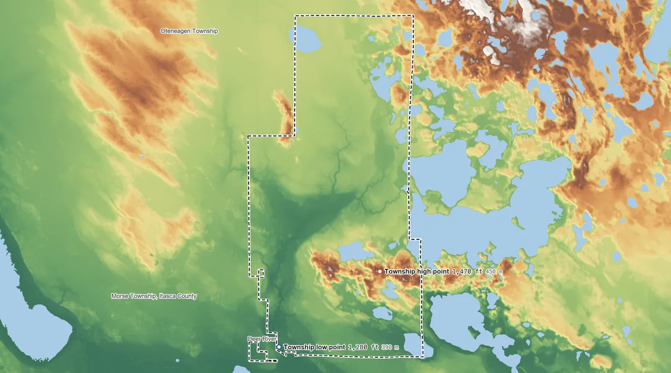 Topographic elevation map of Deer River Township, Minnesota, shaded from 1,280 ft on the south side to 1,470 ft on the southeast side