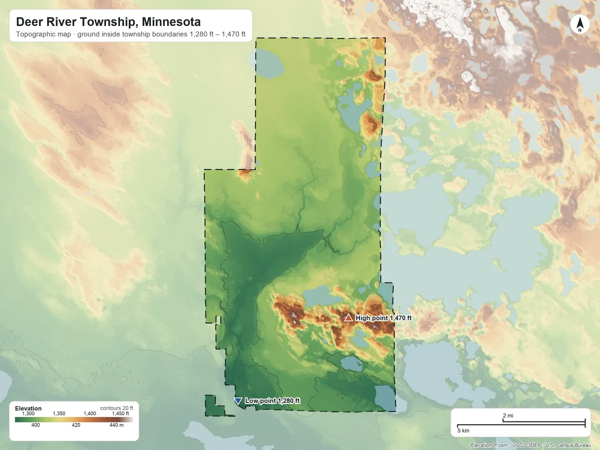 Topographic elevation map of Deer River Township, Minnesota, shaded from 1,280 ft on the south side to 1,470 ft on the southeast side