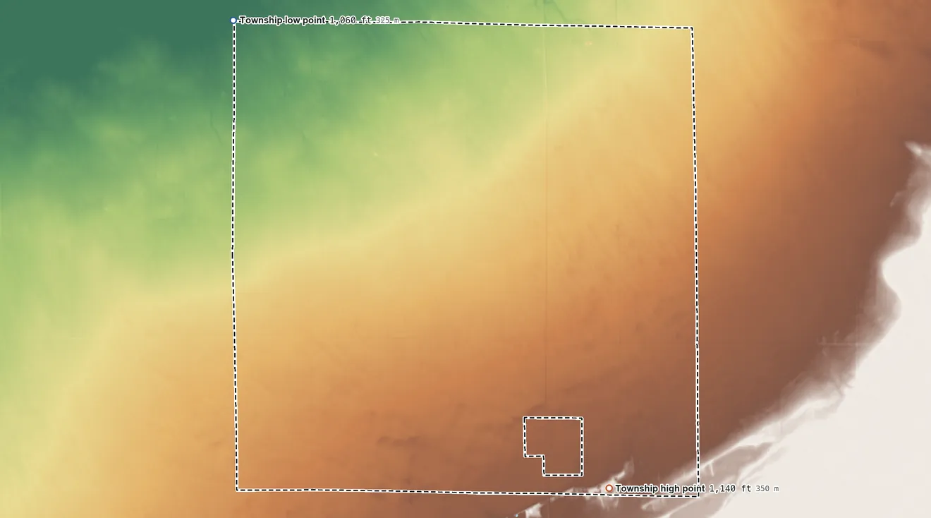 Topographic elevation map of Deer Township, Minnesota, shaded from 1,060 ft on the northwest side to 1,140 ft on the south side