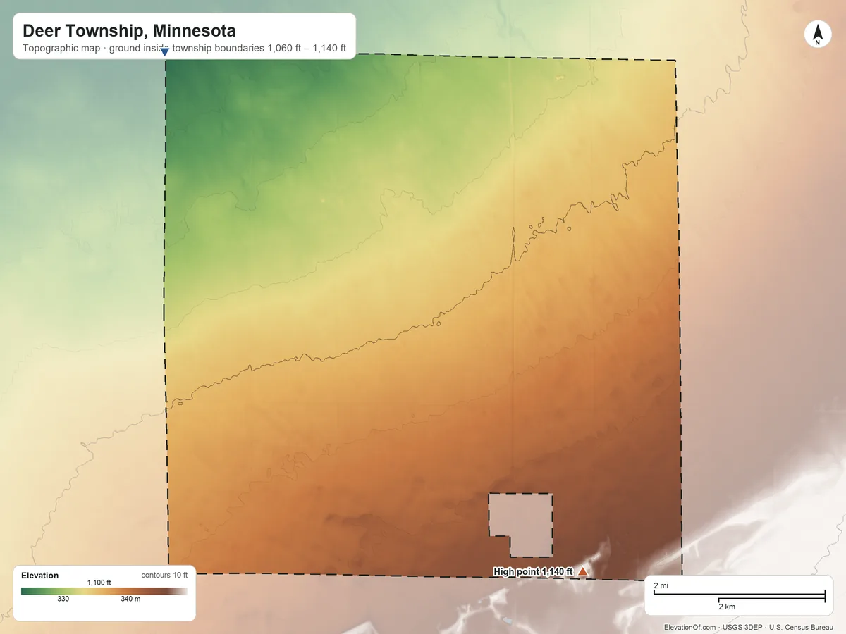Topographic elevation map of Deer Township, Minnesota, shaded from 1,060 ft on the northwest side to 1,140 ft on the south side