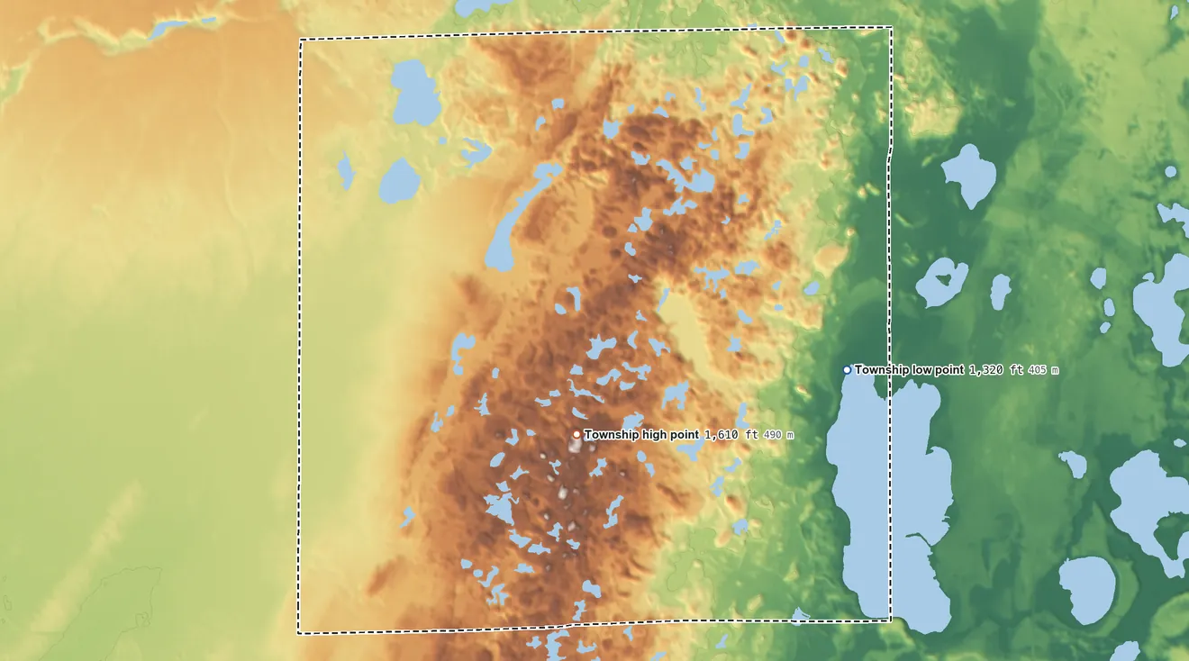 Topographic elevation map of Deerfield Township, Cass County, Minnesota, shaded from 1,320 ft on the east side to 1,610 ft on the south side