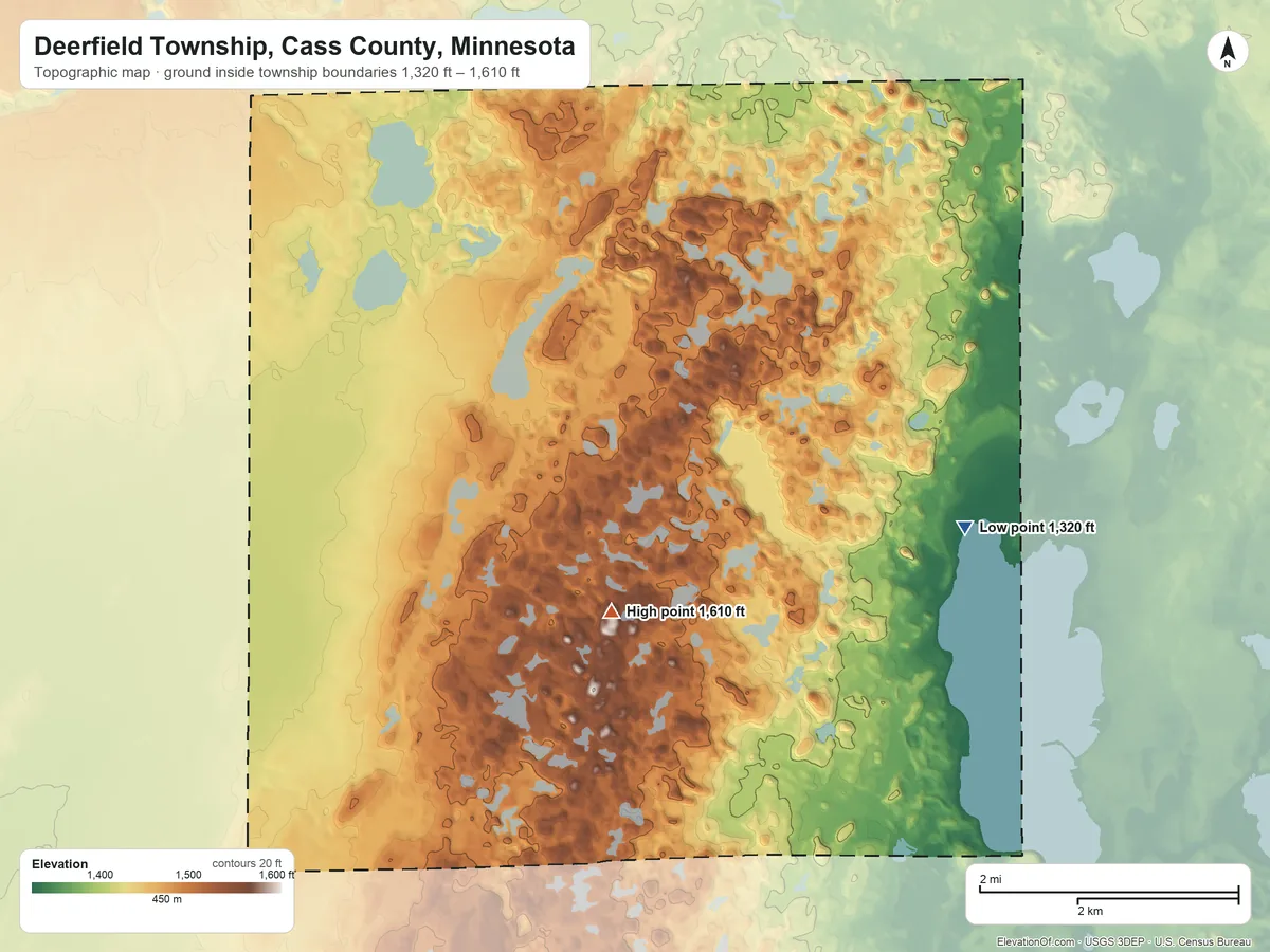 Topographic elevation map of Deerfield Township, Cass County, Minnesota, shaded from 1,320 ft on the east side to 1,610 ft on the south side