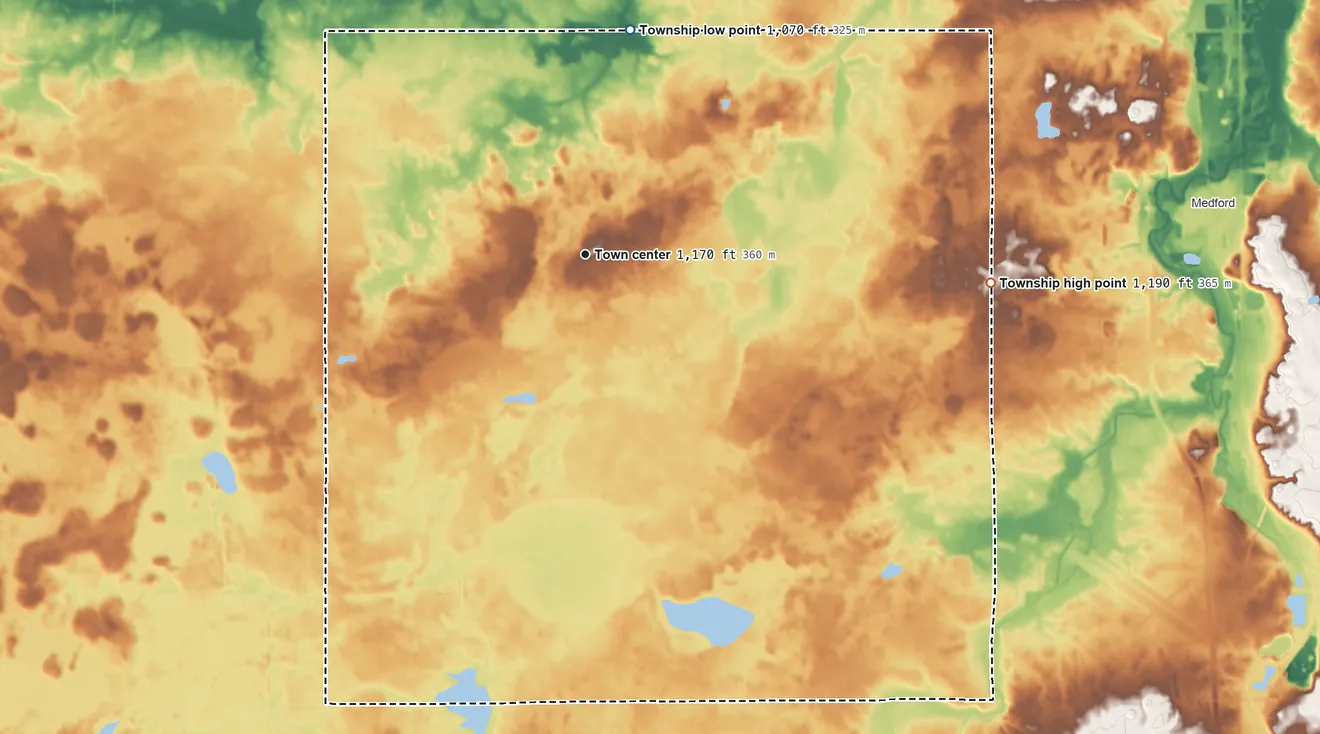 Topographic elevation map of Deerfield Township, Minnesota, shaded from 1,070 ft on the north side to 1,190 ft on the east side
