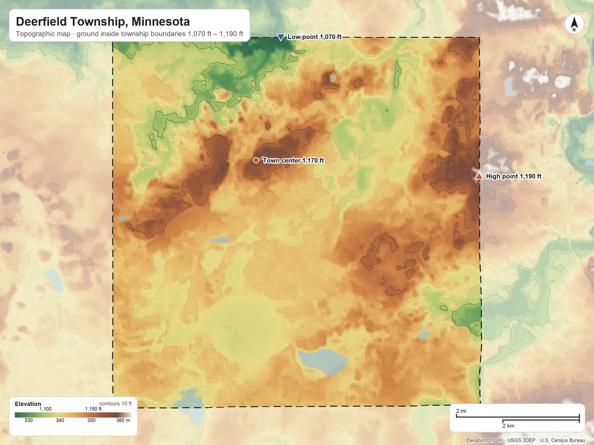 Topographic elevation map of Deerfield Township, Minnesota, shaded from 1,070 ft on the north side to 1,190 ft on the east side