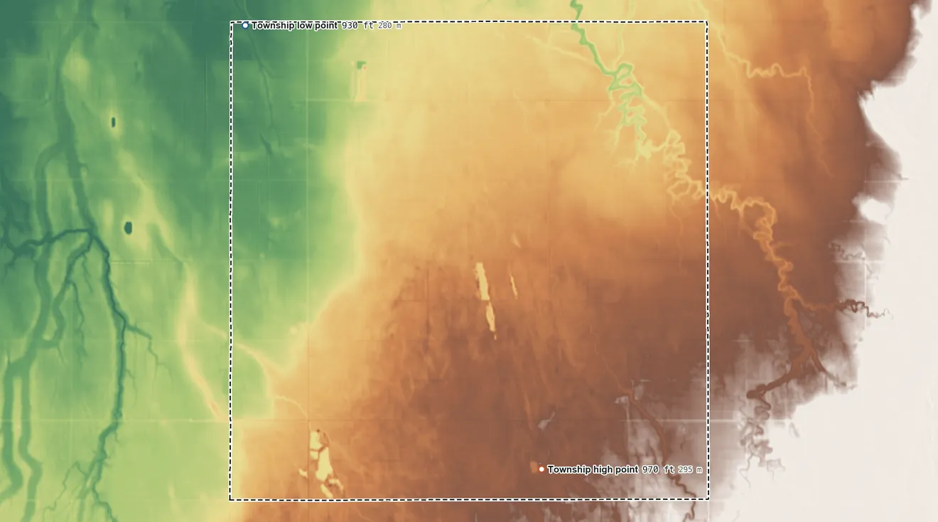 Topographic elevation map of Deerhorn Township, Minnesota, shaded from 930 ft on the northwest side to 970 ft on the southeast side
