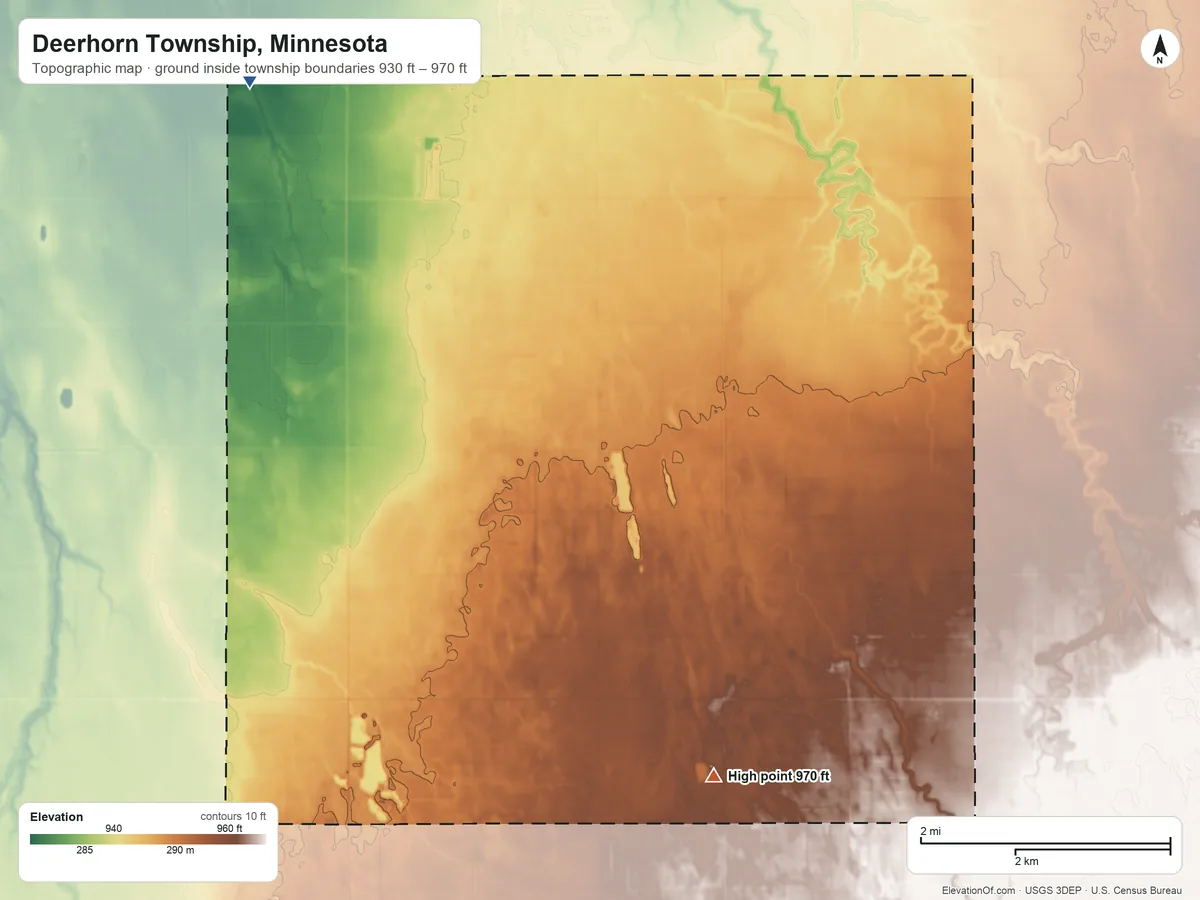 Topographic elevation map of Deerhorn Township, Minnesota, shaded from 930 ft on the northwest side to 970 ft on the southeast side