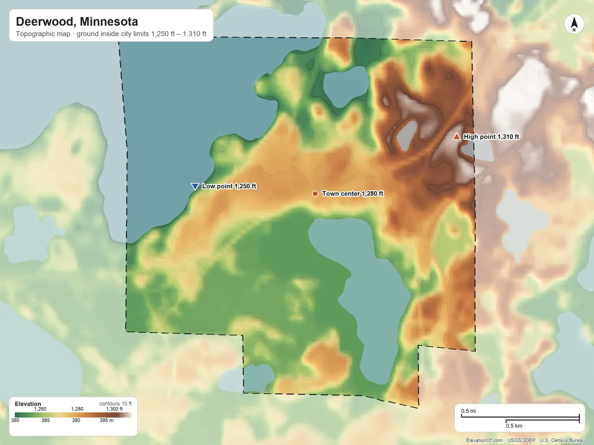 Topographic elevation map of Deerwood, Minnesota, shaded from 1,250 ft on the west side to 1,310 ft on the east side