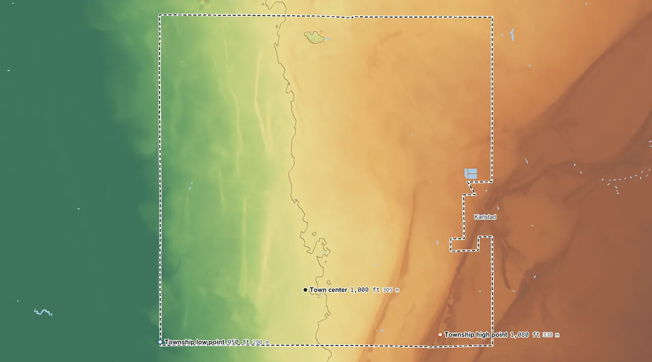 Topographic elevation map of Deerwood Township, Kittson County, Minnesota, shaded from 950 ft on the west side to 1,080 ft on the east side