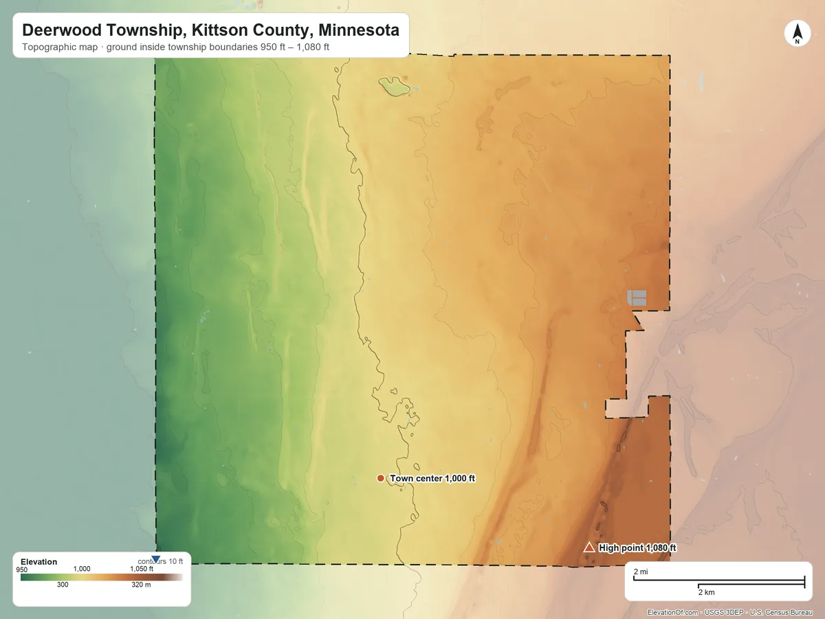 Topographic elevation map of Deerwood Township, Kittson County, Minnesota, shaded from 950 ft on the west side to 1,080 ft on the east side