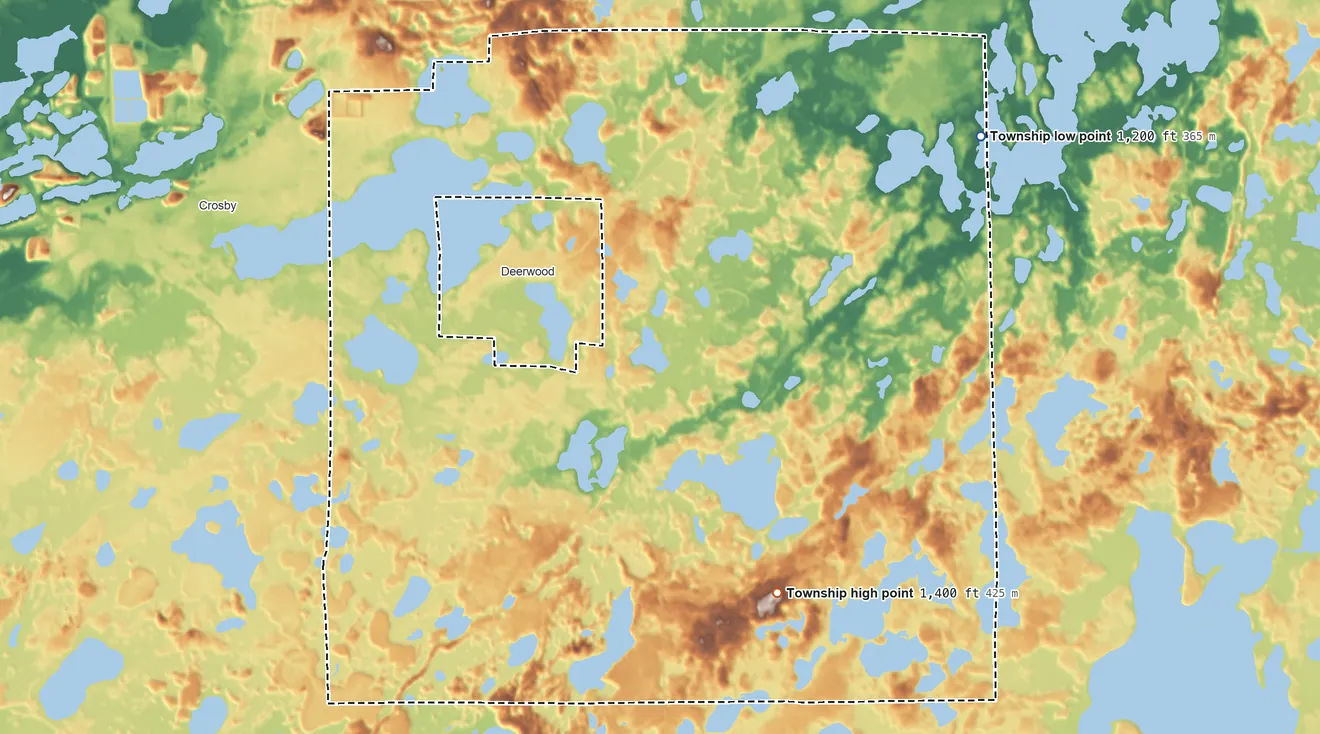 Topographic elevation map of Deerwood Township, Minnesota, shaded from 1,200 ft on the northeast side to 1,400 ft on the southeast side