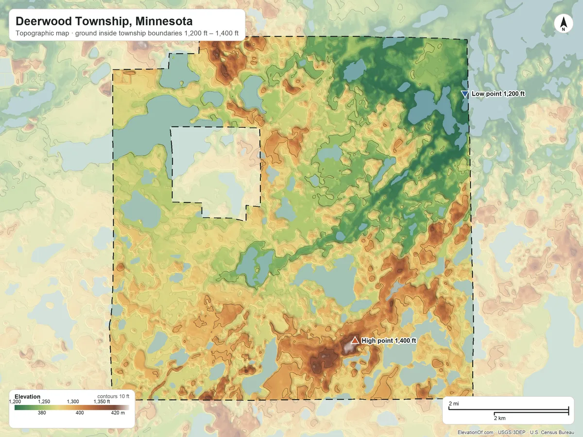 Topographic elevation map of Deerwood Township, Minnesota, shaded from 1,200 ft on the northeast side to 1,400 ft on the southeast side