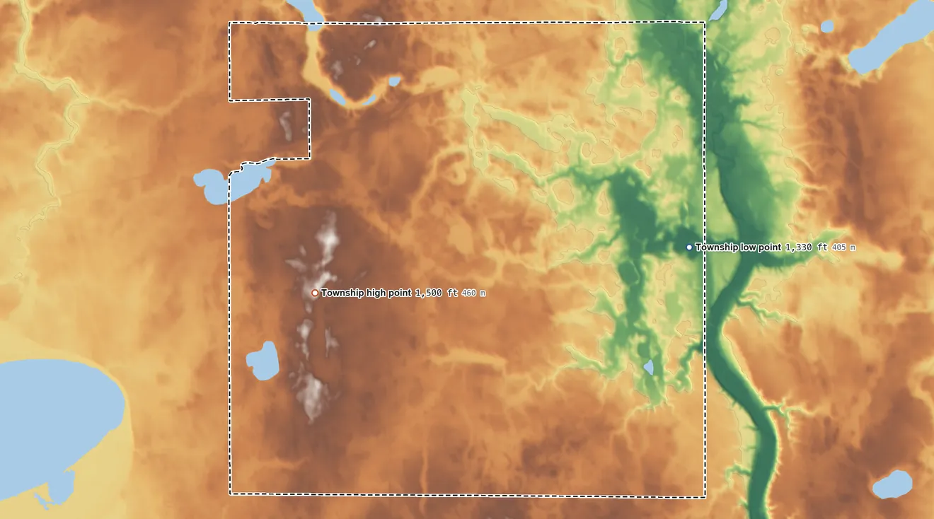Topographic elevation map of Delafield Township, Minnesota, shaded from 1,330 ft on the east side to 1,500 ft on the west side