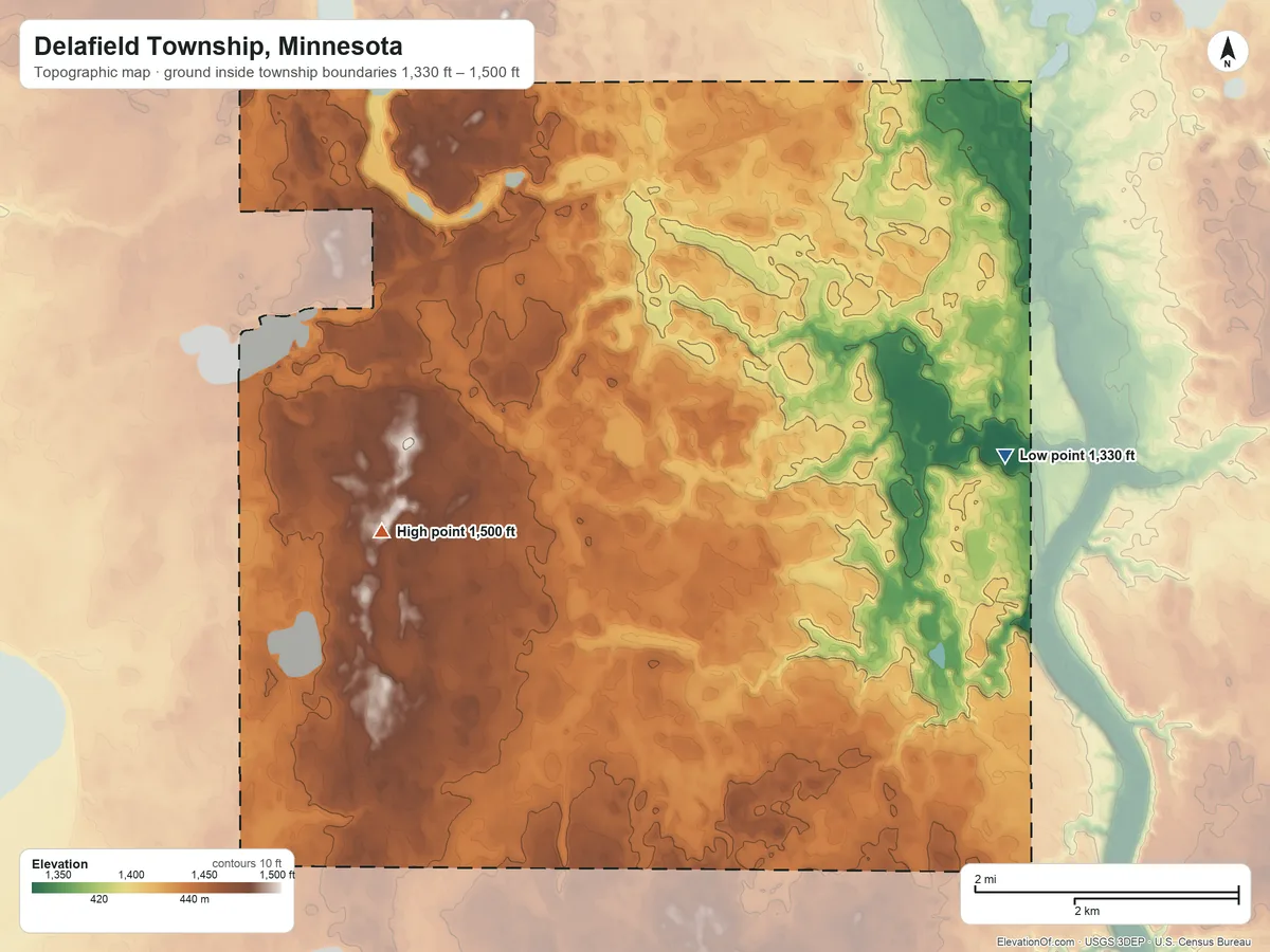 Topographic elevation map of Delafield Township, Minnesota, shaded from 1,330 ft on the east side to 1,500 ft on the west side