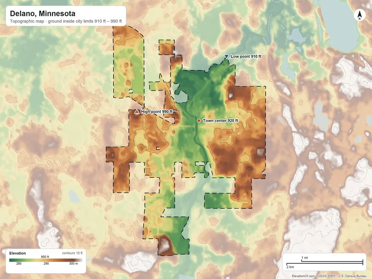 Topographic elevation map of Delano, Minnesota, shaded from 910 ft on the northeast side to 990 ft on the west side