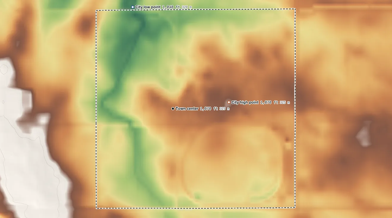 Topographic elevation map of Delavan, Minnesota, shaded from 1,040 ft on the north side to 1,070 ft on the east side