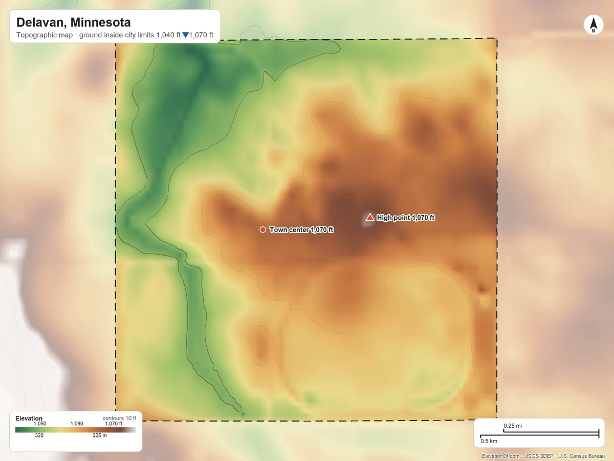Topographic elevation map of Delavan, Minnesota, shaded from 1,040 ft on the north side to 1,070 ft on the east side