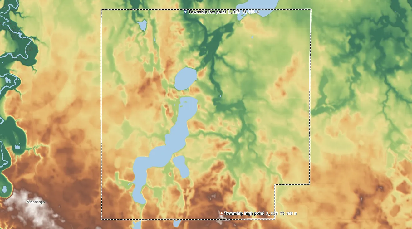 Topographic elevation map of Delavan Township, Minnesota, shaded from 1,020 ft on the north side to 1,110 ft on the south side