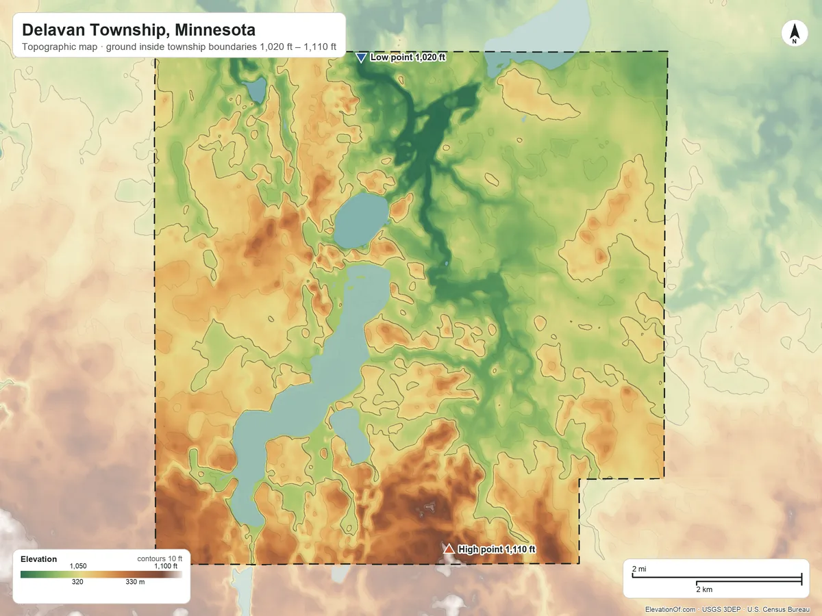 Topographic elevation map of Delavan Township, Minnesota, shaded from 1,020 ft on the north side to 1,110 ft on the south side