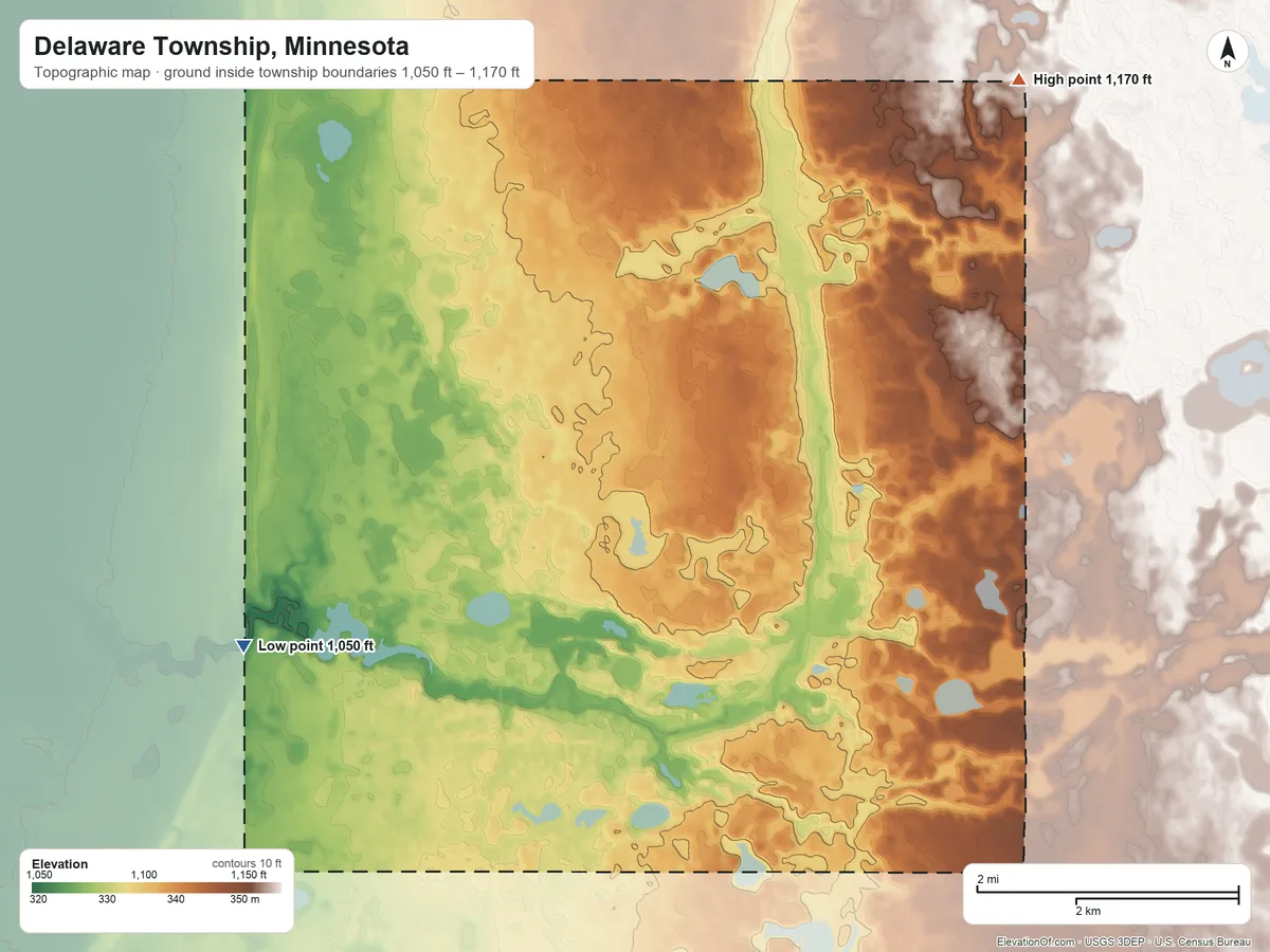 Topographic elevation map of Delaware Township, Minnesota, shaded from 1,050 ft on the southwest side to 1,170 ft on the northeast side