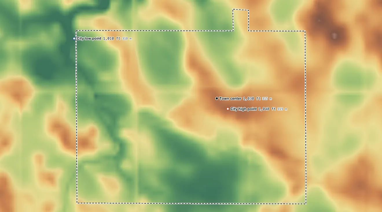 Topographic elevation map of Delhi, Minnesota, shaded from 1,010 ft on the northwest side to 1,040 ft near the middle
