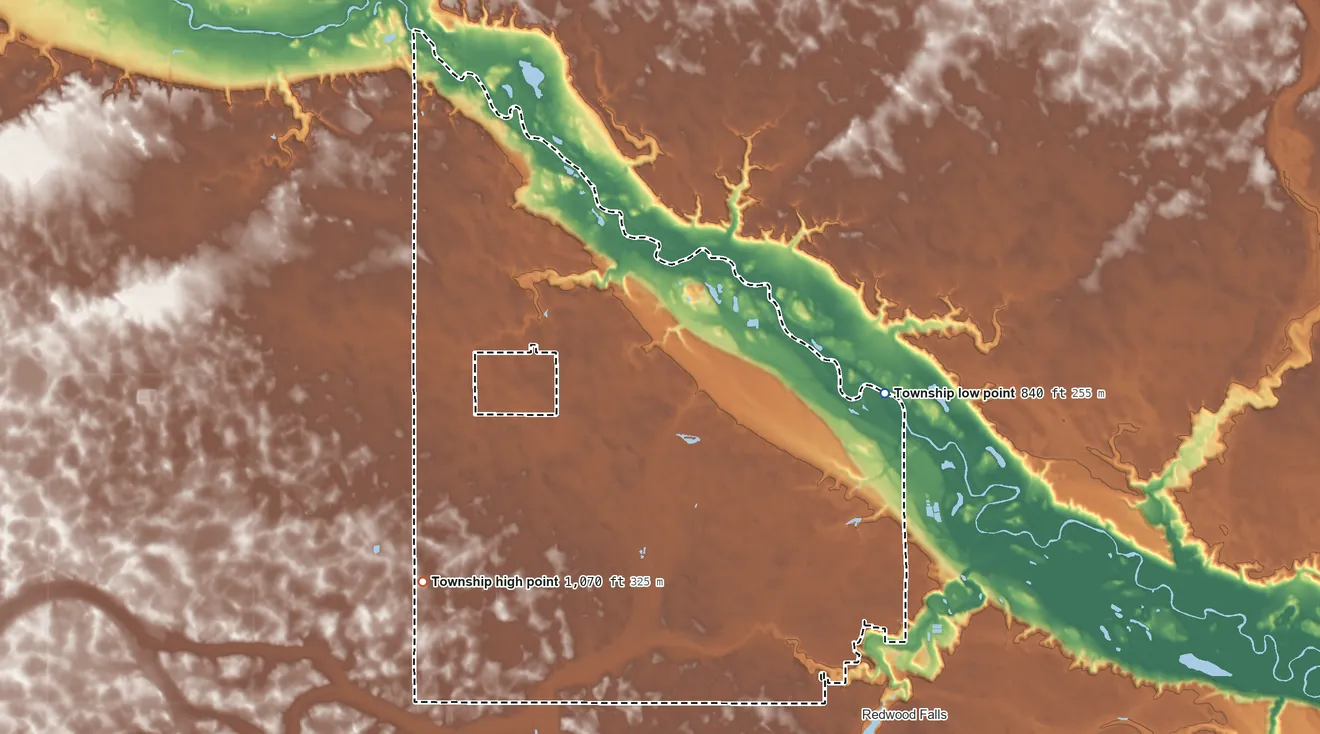 Topographic elevation map of Delhi Township, Minnesota, shaded from 840 ft on the northeast side to 1,070 ft on the west side