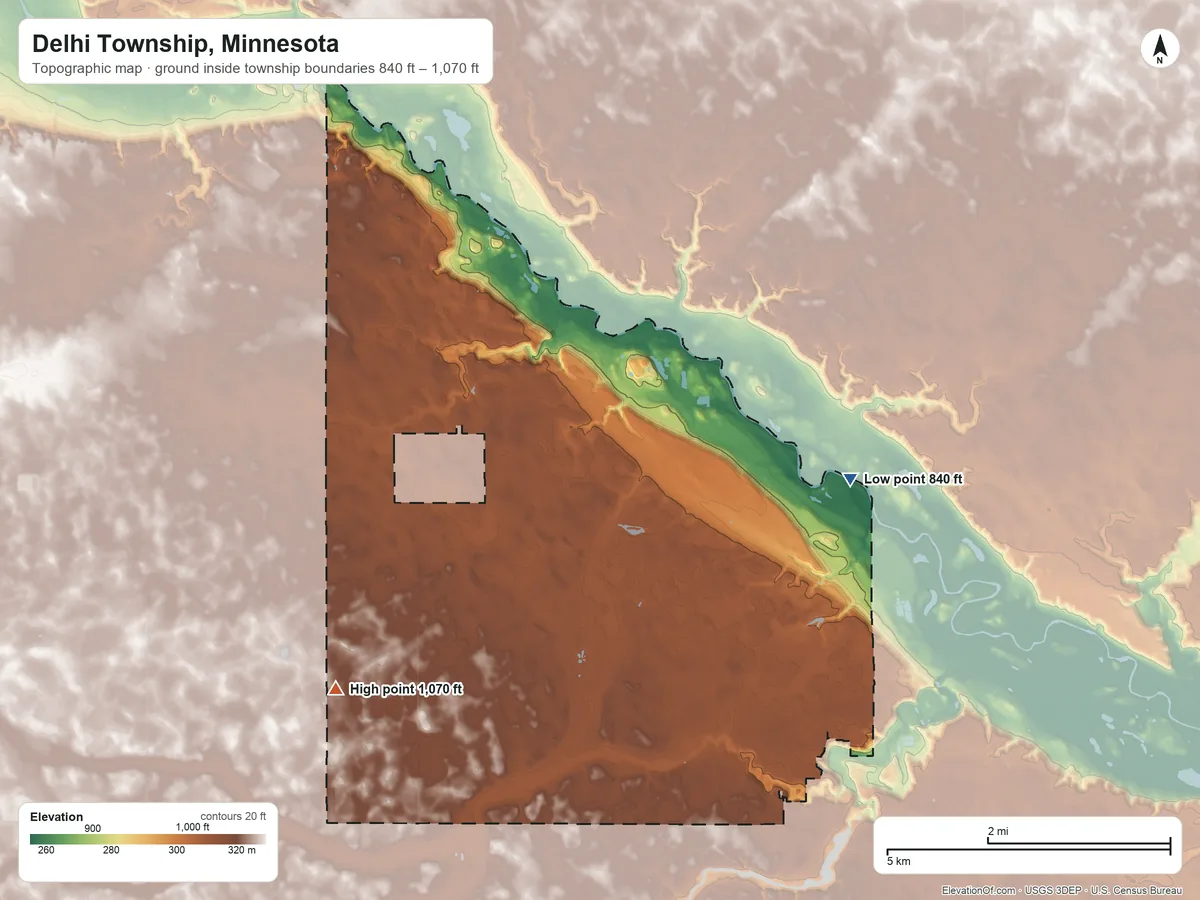 Topographic elevation map of Delhi Township, Minnesota, shaded from 840 ft on the northeast side to 1,070 ft on the west side