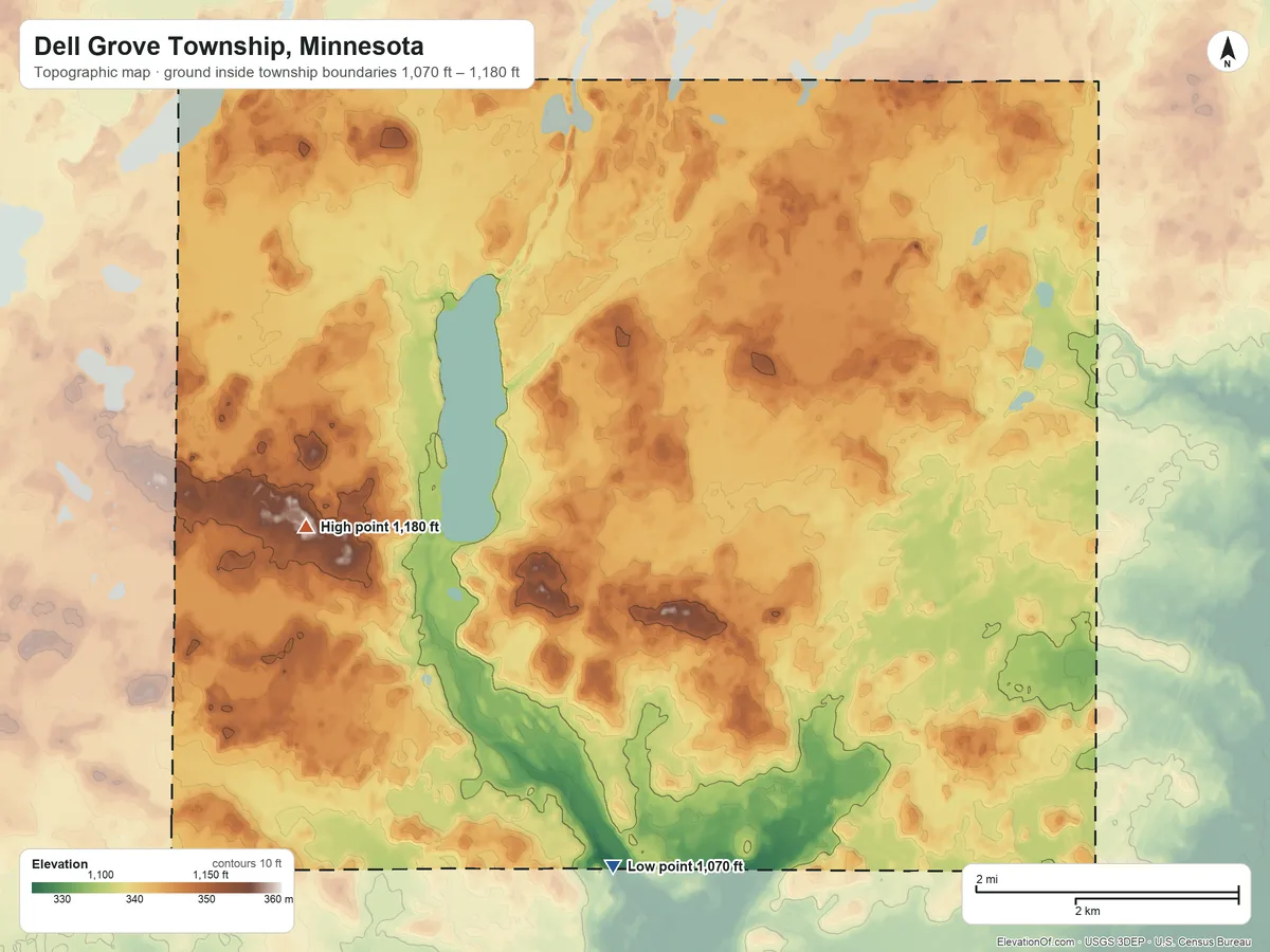 Topographic elevation map of Dell Grove Township, Minnesota, shaded from 1,070 ft on the south side to 1,180 ft on the west side