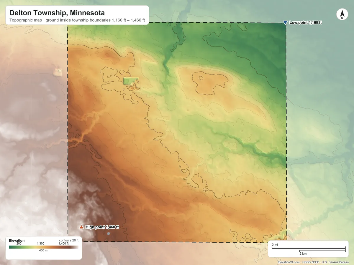 Topographic elevation map of Delton Township, Minnesota, shaded from 1,160 ft on the northeast side to 1,460 ft on the southwest side