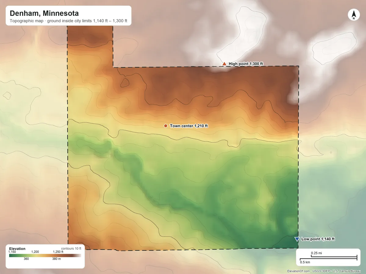 Topographic elevation map of Denham, Minnesota, shaded from 1,140 ft on the southeast side to 1,300 ft on the northeast side