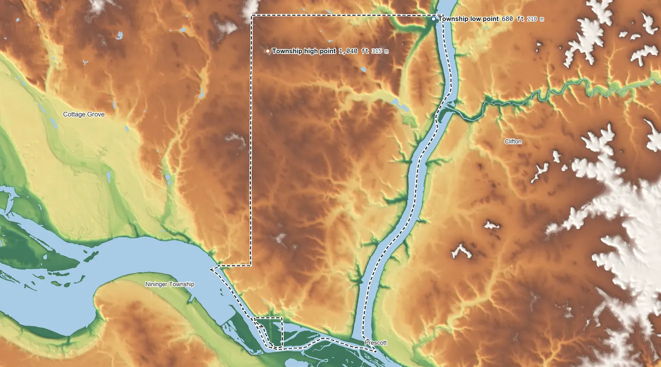 Topographic elevation map of Denmark Township, Minnesota, shaded from 680 ft on the northeast side to 1,040 ft on the northwest side