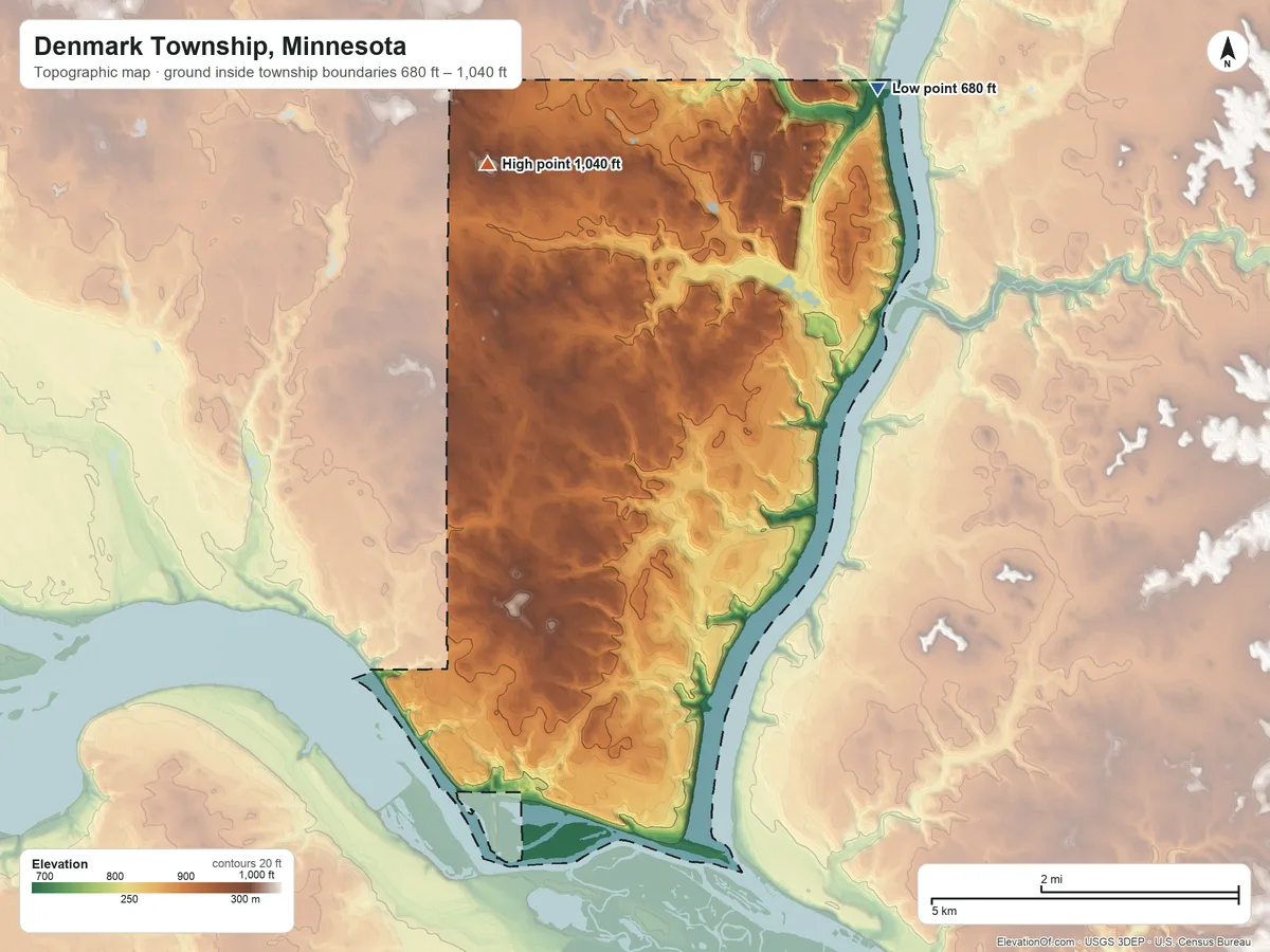 Topographic elevation map of Denmark Township, Minnesota, shaded from 680 ft on the northeast side to 1,040 ft on the northwest side