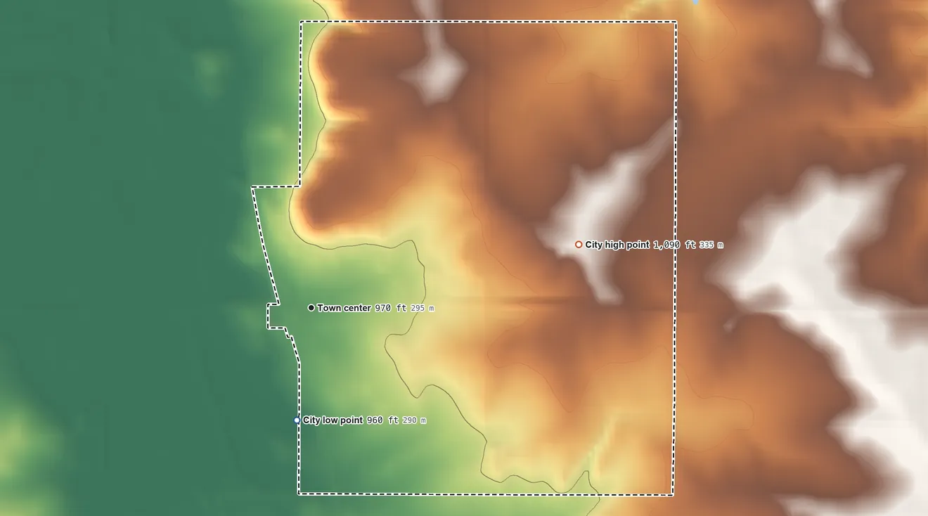 Topographic elevation map of Dennison, Minnesota, shaded from 960 ft on the south side to 1,090 ft on the east side