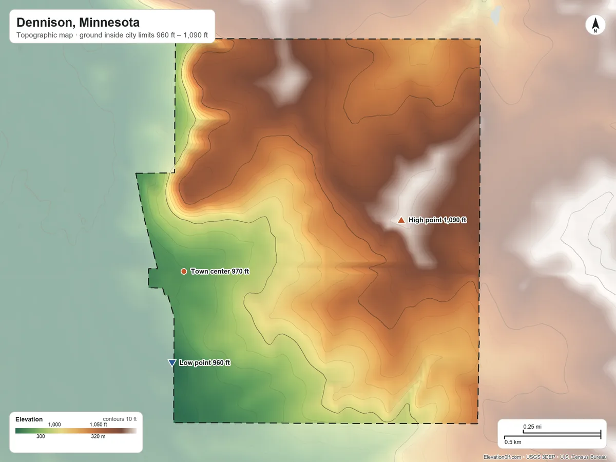 Topographic elevation map of Dennison, Minnesota, shaded from 960 ft on the south side to 1,090 ft on the east side