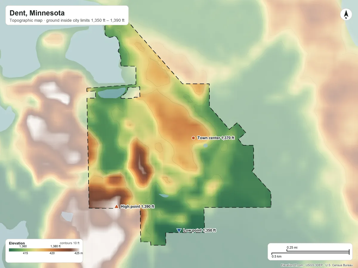Topographic elevation map of Dent, Minnesota, shaded from 1,350 ft on the south side to 1,390 ft on the southwest side