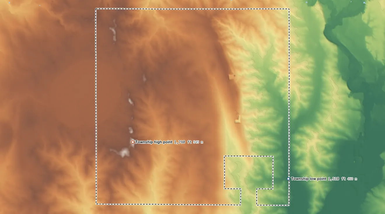 Topographic elevation map of Denver Township, Minnesota, shaded from 1,510 ft on the southeast side to 1,790 ft on the southwest side