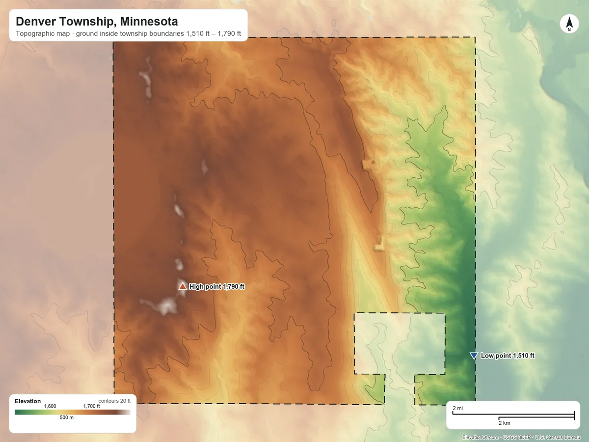 Topographic elevation map of Denver Township, Minnesota, shaded from 1,510 ft on the southeast side to 1,790 ft on the southwest side