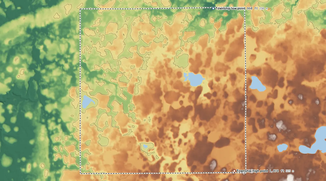 Topographic elevation map of Derrynane Township, Minnesota, shaded from 960 ft on the northeast side to 1,070 ft on the southeast side