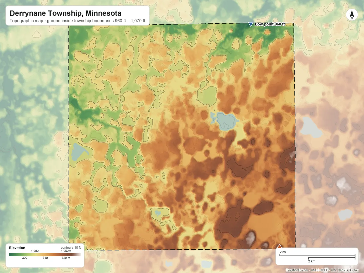 Topographic elevation map of Derrynane Township, Minnesota, shaded from 960 ft on the northeast side to 1,070 ft on the southeast side