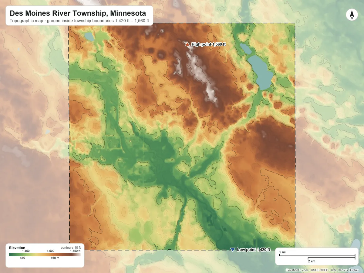 Topographic elevation map of Des Moines River Township, Minnesota, shaded from 1,420 ft on the southeast side to 1,560 ft on the north side