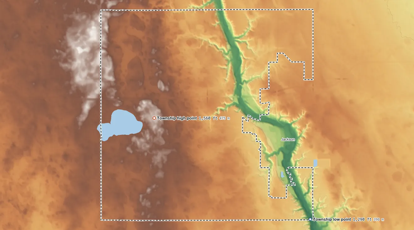 Topographic elevation map of Des Moines Township, Minnesota, shaded from 1,290 ft on the southeast side to 1,560 ft on the west side