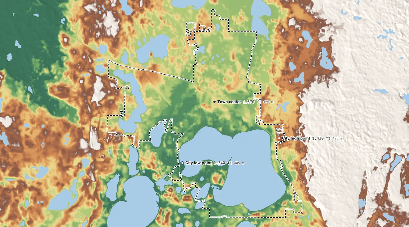 Topographic elevation map of Detroit Lakes, Minnesota, shaded from 1,340 ft on the southwest side to 1,430 ft on the southeast side
