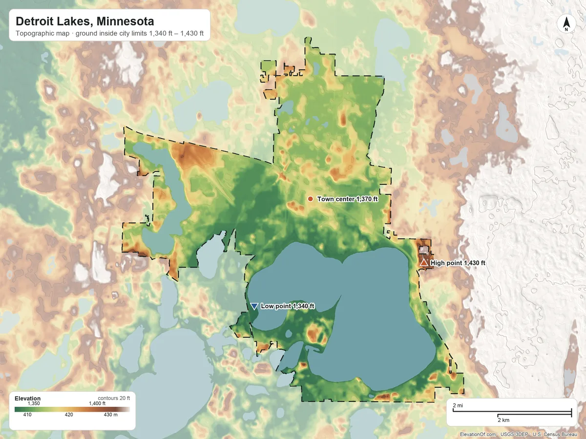 Topographic elevation map of Detroit Lakes, Minnesota, shaded from 1,340 ft on the southwest side to 1,430 ft on the southeast side